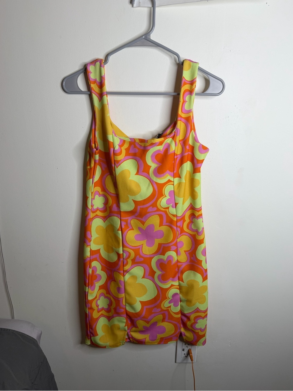 Retro Flower Print Mini Dress - Yellow & Pink